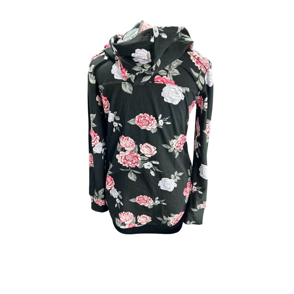 Good Vibes Floral Print Hoodie Sweatshirt Black Pink Roses Womens M Infinite Per - Picture 3 of 9